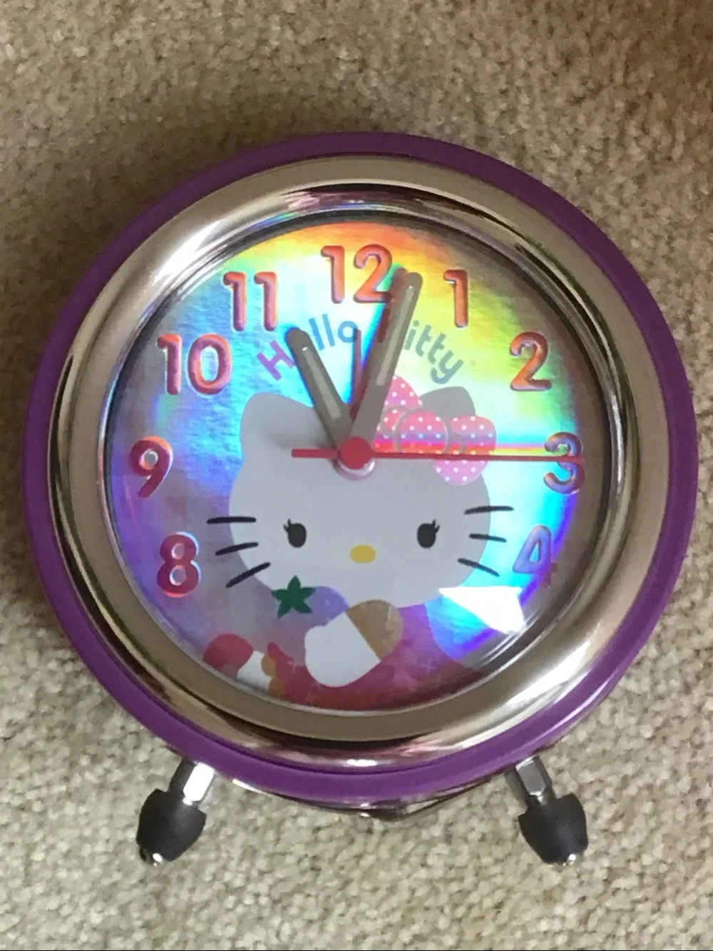 Retro Hello Kitty Alarm Clock, Purple/Pink/Reflective Multicolor, 5”